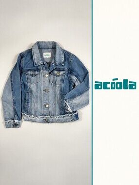 Acoola Kids Distressed Denim Jacket Size 7-8 Light Wash Raw Frayed Hem Unisex